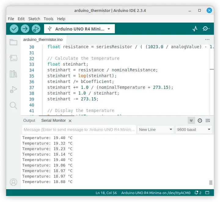 Arduino thermistor temperature values in the Serial Monitor of the Arduino IDE