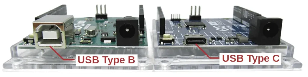 Arduino Uno R3 and R4 boards showing USB connectors
