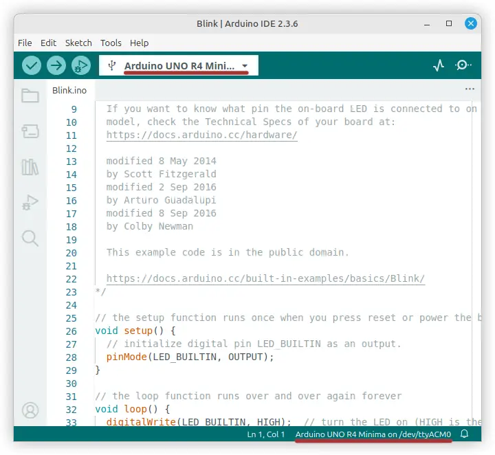 Arduino board and port selection in the IDE software